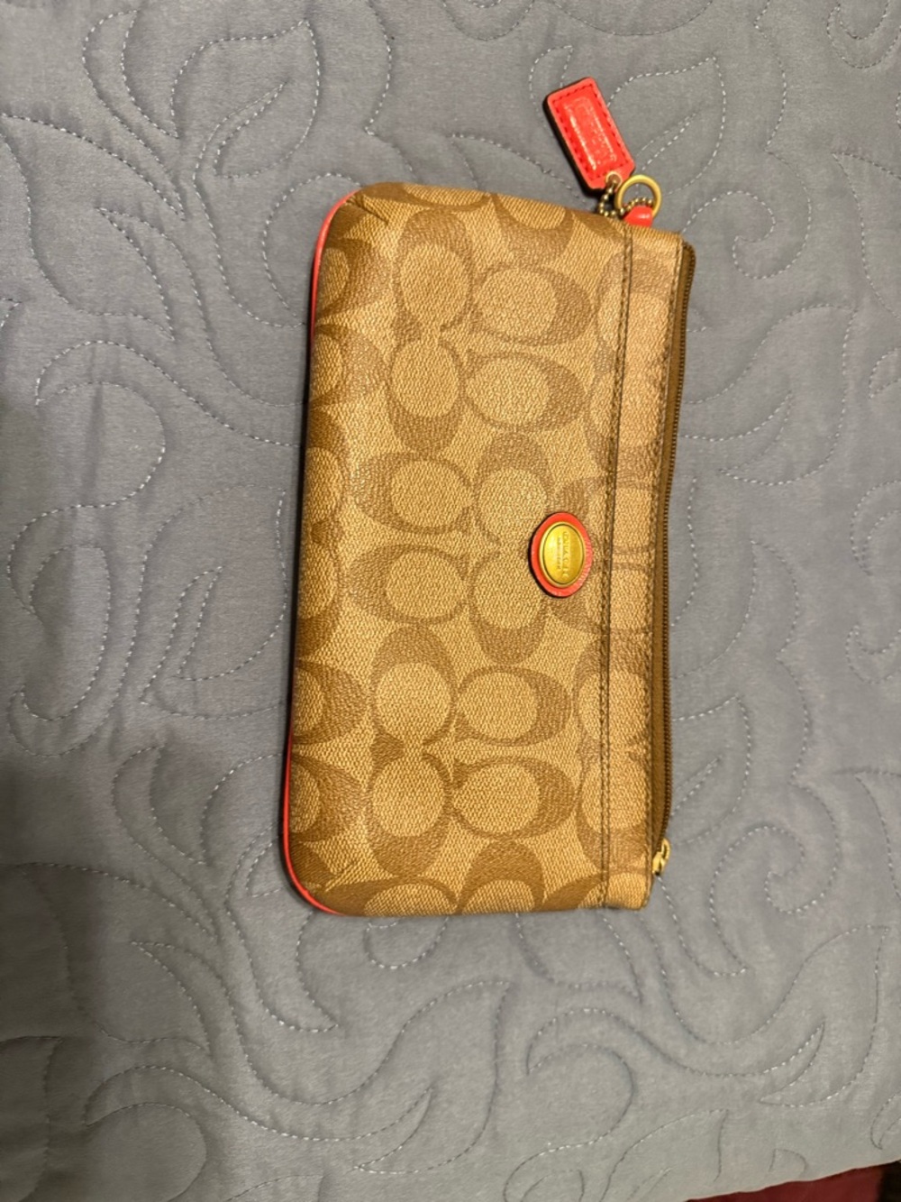 Coach Tan Signature Canvas Zip Wallet with Orange Trim